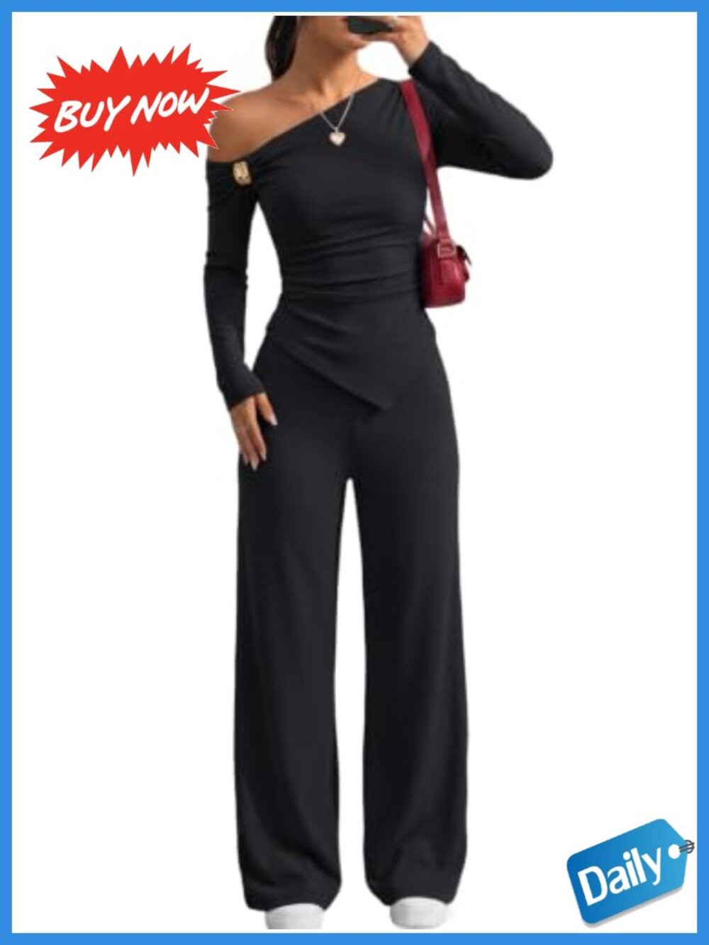 Trendy Queen 2 Piece Off Shoulder Ruched Top Wide Leg Pant Lounge Set